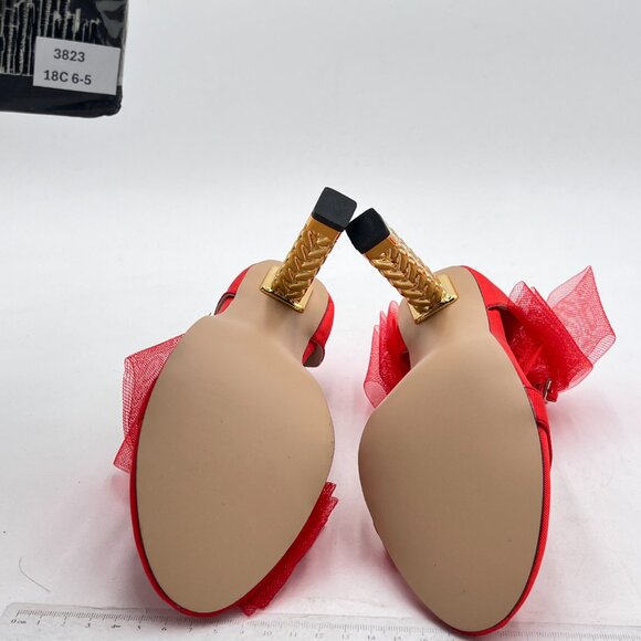 FSJ Red Mesh Gold Metal Chain Chunky High Heels Ankle Strap Open Toe Sandals - Picture 7 of 8